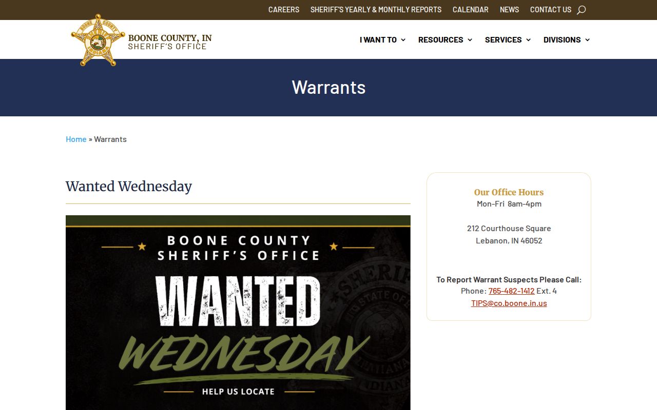 Boone County Sheriff's wanted and warrant record page