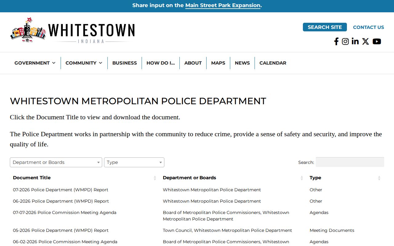 Whitestown Metropolitan Police monthly arrest report archive